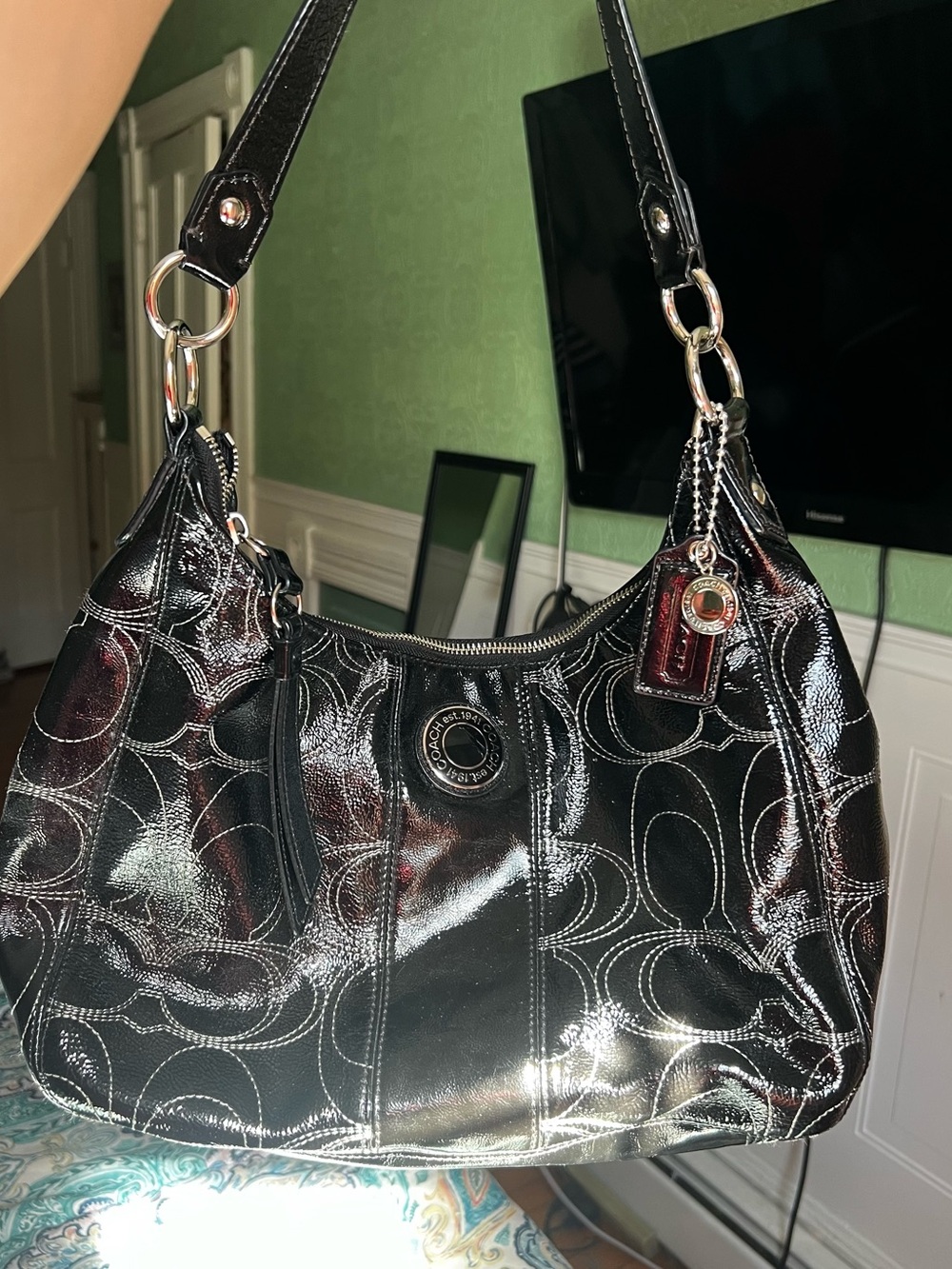 Coach Y2K Signature Stitch Black Patent Leather Hobo Shoulder Bag - F19282